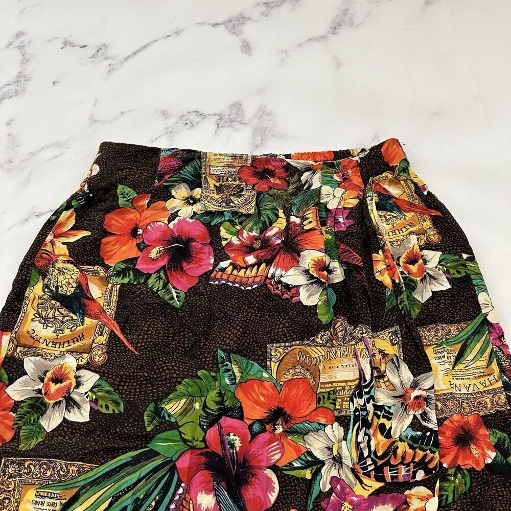 Womens Vintage Wrap Midi Skirt Size M Orange Pink Tropical Floral Parrots Tiki - Picture 2 of 8